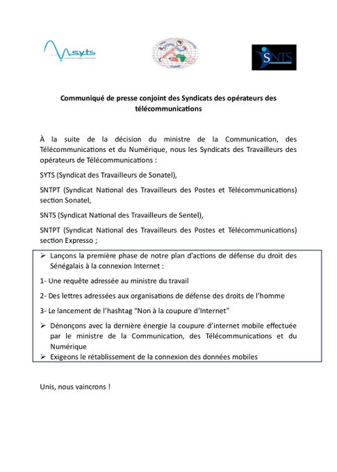 Communiqué De Presse Conjoint Des Syndicats Des Opérateurs